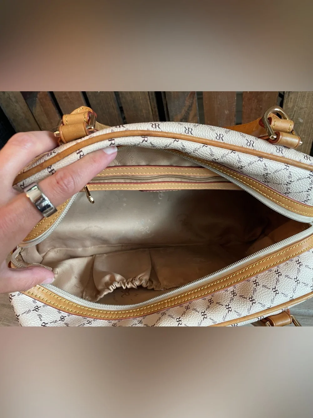 Rioni Cream & Tan Monogram Satchel with Wallet